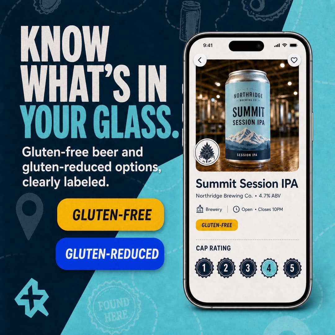 xGluted beer detail mockup explaining Gluten-Free and Gluten-Reduced labels