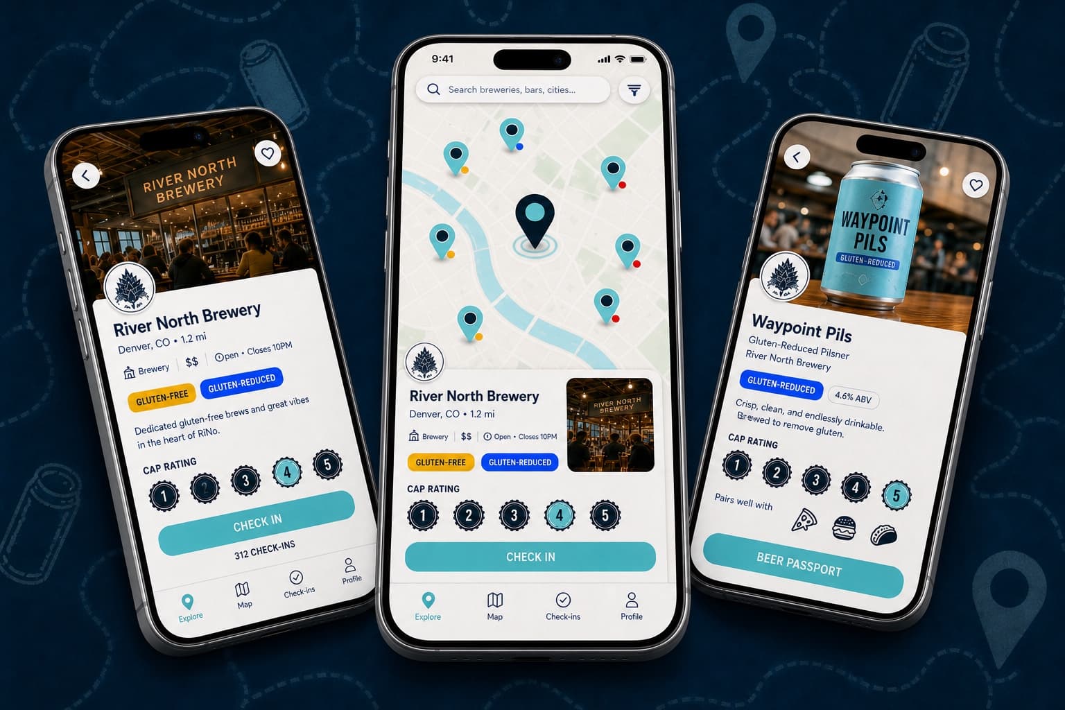 xGluted product visualization showing the discovery map, a brewery page, and a gluten-reduced beer page on three iPhones